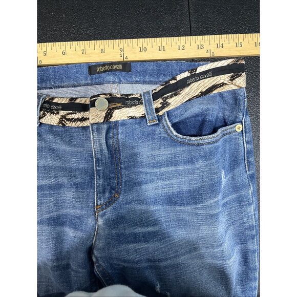 Roberto Cavalli Vtg Womens Sz S Y2K Bootcut Jeans Blue Denim Low Rise Silk Belt - Picture 9 of 11
